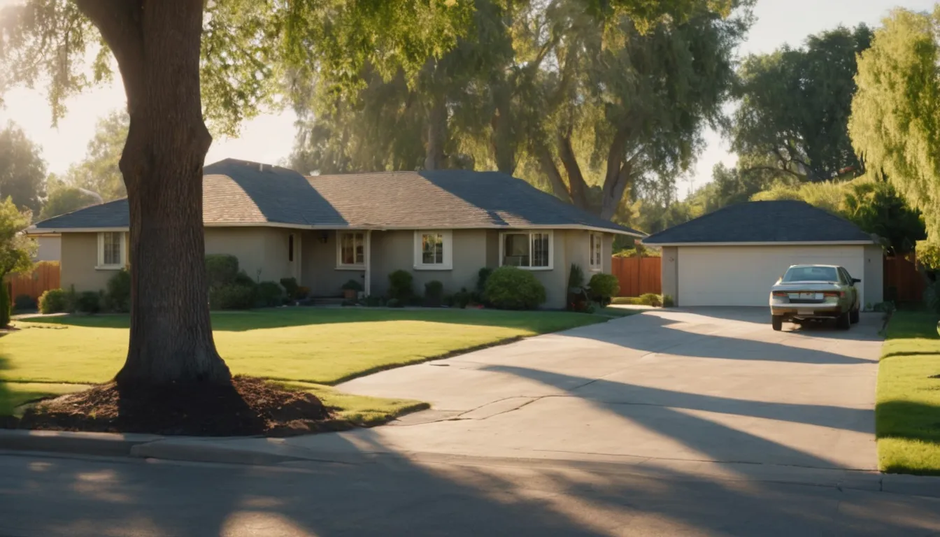 A neighborhood street in the West Sacramento area lined with mature trees and ranch style homes